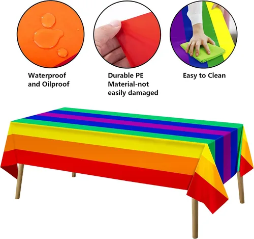Miniatura 3 de Paquete de 3 manteles desechables de arco iris, rectangular, 108 x 54 pulgadas, decoración de mantel de plástico impermeable con diseño de arcoíris