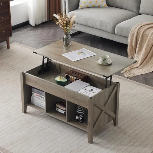 Miniatura 11 de VINGLI Farmhouse - Mesa de centro elevable, color gris rústico con estante de almacenamiento/compartimento oculto, Mesa De Centro para Sala, marrón