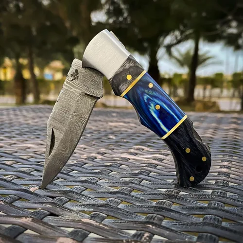 Miniatura 2 de AR Damascus - Cuchillo plegable de bolsillo hecho a mano para supervivencia al aire libre, hecho de mango de madera y acero de Damasco, junto