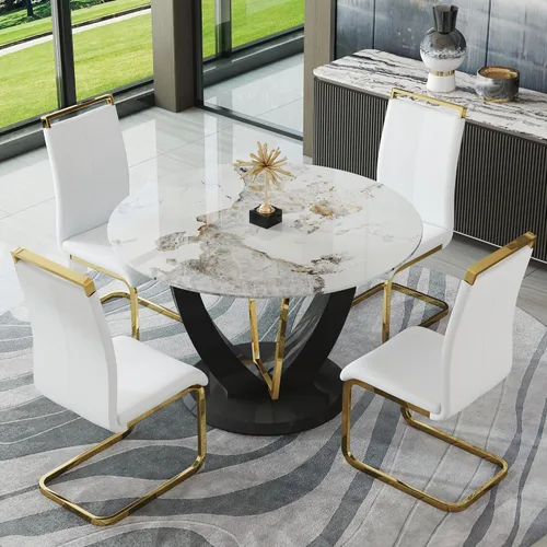 Miniatura 16 de JUFU Juego de mesa de comedor redonda para 4, mesa de comedor de 48 pulgadas con mesa de mármol sintético y 4 sillas tapizadas, moderno juego