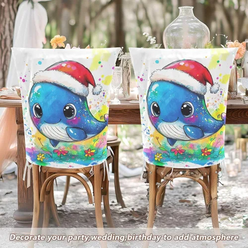 Miniatura 6 de Juego de 6 fundas decorativas para sillas decorativas con diseño de ballena azul de dibujos animados para ceremonia, fundas decorativas suaves