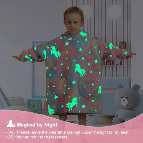 Miniatura 2 de Manta con capucha vestible para niños, manta Sherpa de gran tamaño con capucha para niños, niñas y bebés de 2 a 6 años, unicornios arcoíris