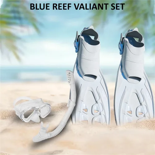 Blue Reef Sentinel - Juego de máscara de esnórquel pequeño/mediano, blanco, equipo de esnórquel para adultos, incluye máscara centinela con vidrio