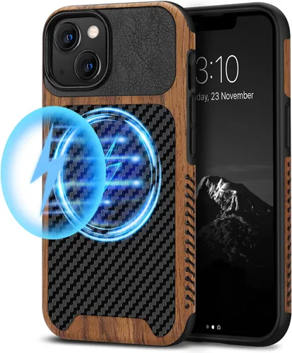Miniatura 11 de TENDLIN Compatible con iPhone 13 mini - Funda de grano de madera con textura de fibra de carbono, funda híbrida de cuero compatible con iPhone 13