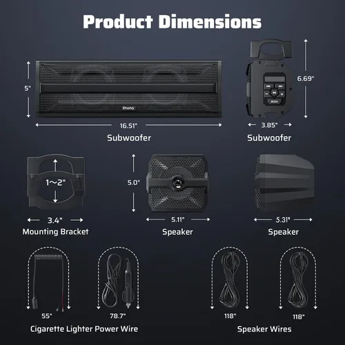Miniatura 9 de Ehaho Barra de sonido estéreo UTV de 2.1 canales (subwoofer) y altavoces, barra de sonido Bluetooth ATV de 17 pulgadas con luces RGB, altavoces