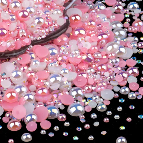 Miniatura 24 de 100g de cuentas de perlas planas y diamantes de imitación, 1-Rosa y blanco, tamaño mixto de 3-10mm, resina, diamantes de imitación y medias perlas