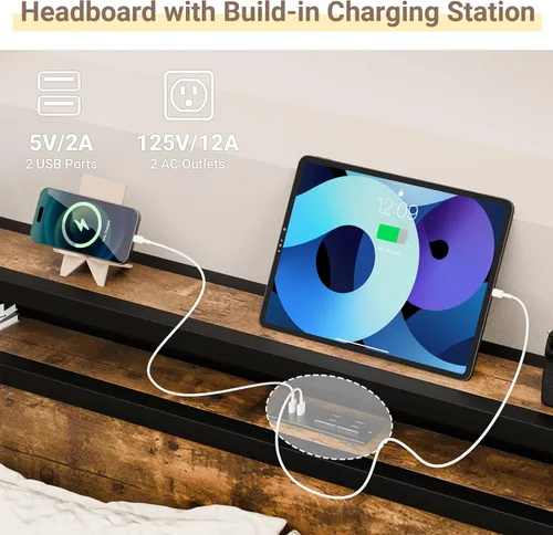 Miniatura 3 de Zevemomo - Base de cama completa con estación de carga, puertos USB y enchufes, base de plataforma tamaño completo con cabecera, base de cama sin