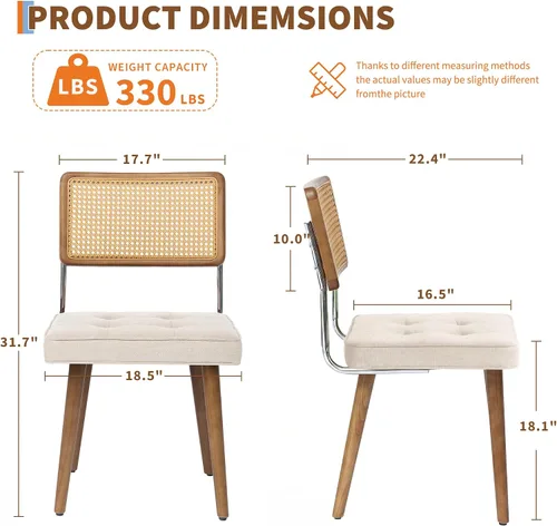 Miniatura 3 de GarveeHome Juego de 2 sillas de comedor de ratán natural, sillas de cocina tapizadas de lino con respaldo alto de caña y patas de madera fuertes