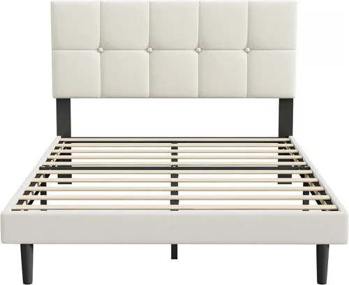 Miniatura 9 de IOILORI - Marco de cama tamaño Queen, marco de cama tapizada tamaño Queen con cabecero, cabecero tapizado, listones de madera resistentes, Beige