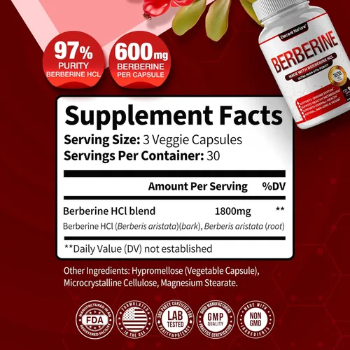 Miniatura 2 de Suplemento de berberina de 1800 mg – Berberina HCl de primera calidad 97% de alta pureza, apoya el sistema inmunológico, clorhidrato y extracto