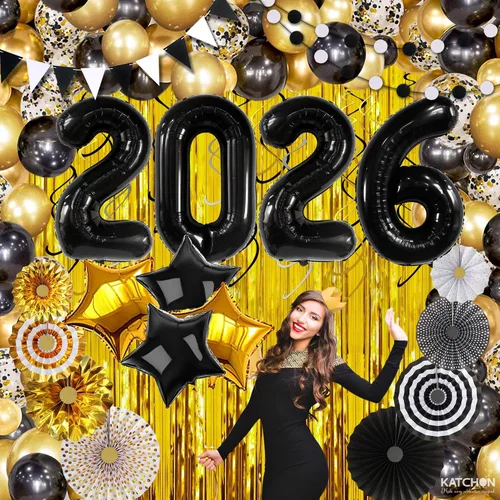 Miniatura 8 de KatchOn, Juego de decoraciones de Año Nuevo 2026 negro y dorado, paquete grande de 115 unidades, kit de arco de globos de Feliz Año Nuevo, globos
