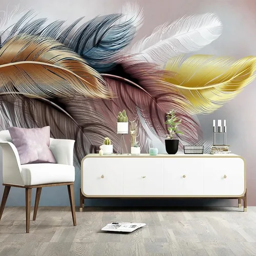 Miniatura 2 de Papel tapiz fotográfico creativo de plumas voladoras, papel tapiz abstracto de plumas blancas doradas y azules, decoración de pared para sala