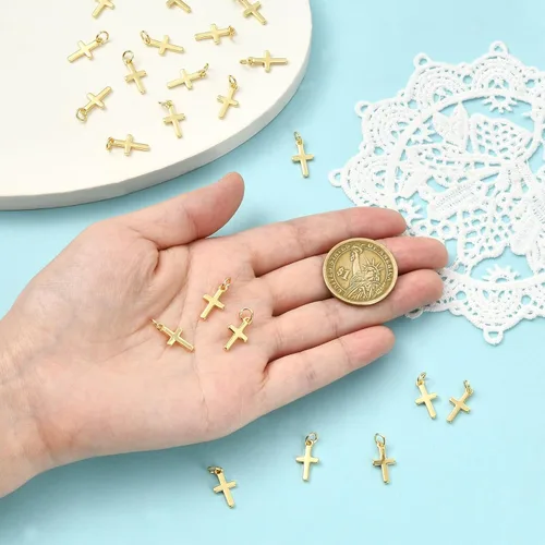 Miniatura 3 de Dijes de cruz para hacer joyas, chapado en oro real de 18 quilates, dijes de religión para pulseras, collares y aretes