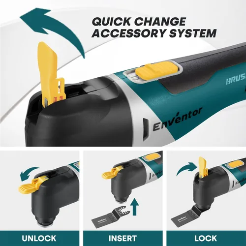 Miniatura 6 de Enventor Multiherramienta oscilante inalámbrica de 20 V, sierra oscilante sin escobillas con 28 accesorios, cargador rápido, 6 velocidades Amarillo