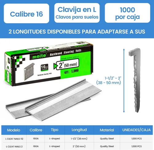 Miniatura 2 de meite Clavos de suelo de calibre 16 de 1-1/2 pulgadas, 16GA L, clavos de piso de madera dura para pistola de clavos de piso (1,000 unidades)