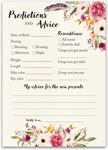BOHO - Tarjetas de predicción y consejos – Paquete de 25 – Juegos de baby shower BOHEMIAN Pink GIRL, deseos florales para nuevos padres, mamá y papá