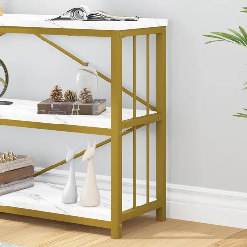 Miniatura 5 de LVB Mesa consola blanca de 3 niveles, moderna mesa de entrada de sofá de mármol sintético dorado, mesas de pasillo de metal de madera con estantes