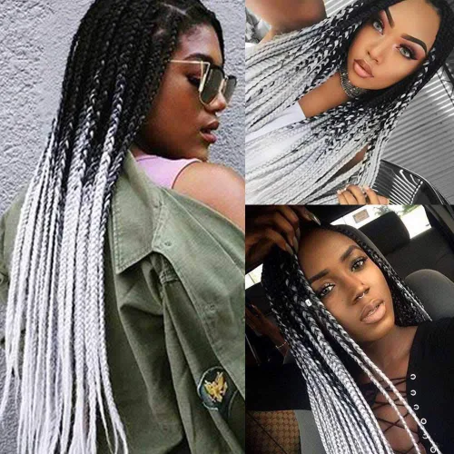Miniatura 9 de Extensiones de cabello trenzado color gris degradado, 5 unidades, trenzas sintéticas de 24 pulgadas, 2 tonos, cabello gris para trenzas de caja, #28