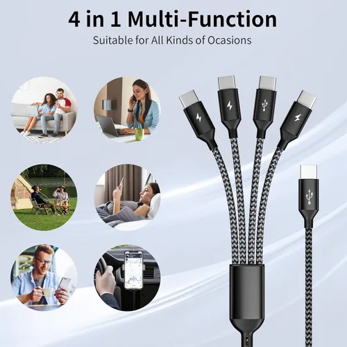 Miniatura 7 de Cable de carga múltiple, doble tipo C, cable de carga múltiple de nailon trenzado 4 en 1, cable de carga multi USB con puertos IP/tipo C/micro USB