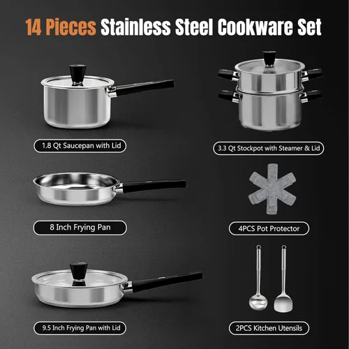 Miniatura 2 de Meythway - Juego de 14 piezas de utensilios de cocina de acero inoxidable para estufas de inducción – Ollas y sartenes no tóxicas con mangos