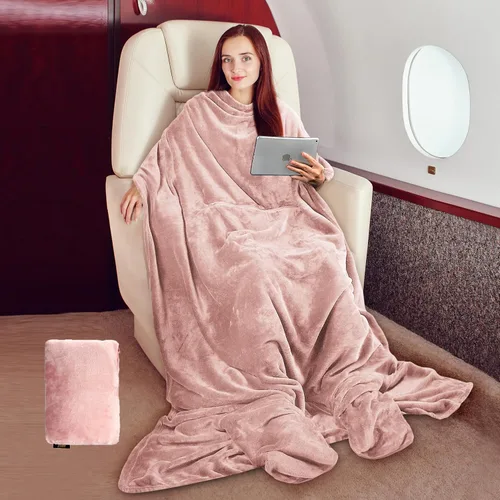 Miniatura 6 de Tirrinia Manta de Viaje con Almohada - Manta de Avión Vestible con Bolsillos para los Pies para Vuelos Largos, Manta Bata Accesorio de Avión