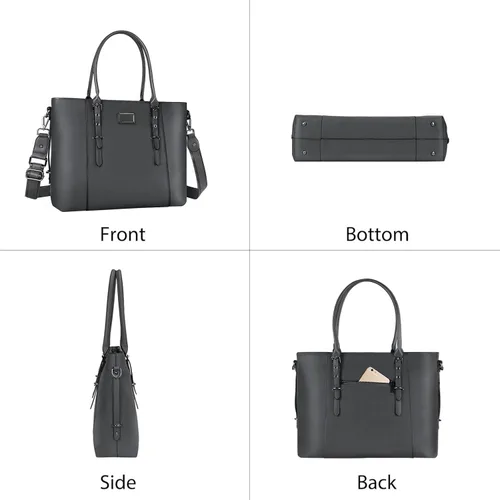 Miniatura 5 de MOSISO Bolso de mano de piel sintética para laptop para mujer (17-17.3 pulgadas), impermeable de gran capacidad, maletín de trabajo de negocios, Gris