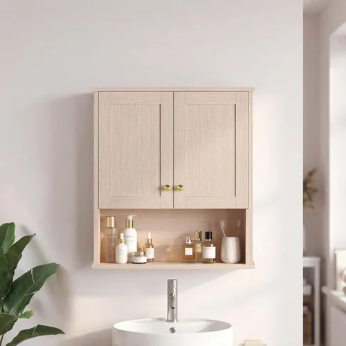 Armario de pared de baño sobre el inodoro, armario de almacenamiento de 2 puertas montado en la pared, botiquín de madera con estantes ajustables