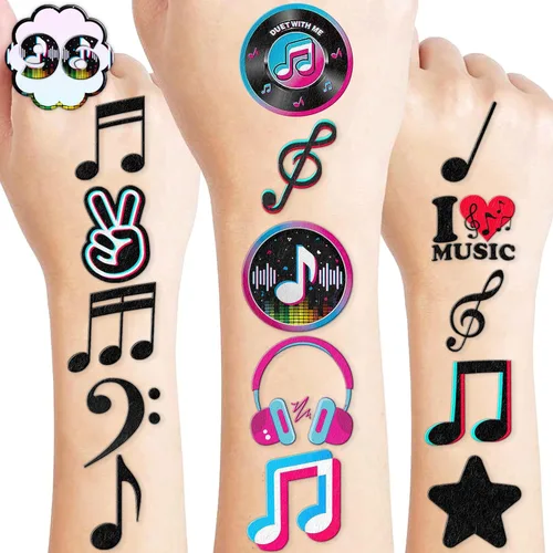(96 piezas) Notas musicales motivacionales musicales precortadas tatuajes temporales para niños, suministros de fiesta temática de cumpleaños, Normal
