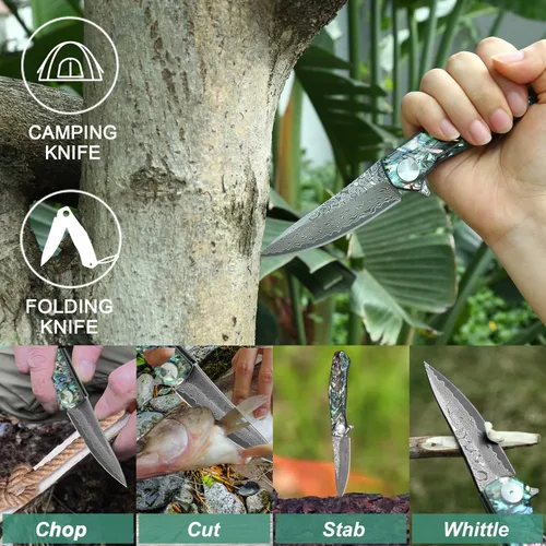 Miniatura 6 de Benkey - Navaja de bolsillo de acero de Damasco con funda de cuero con clip, cuchillo plegable con núcleo VG10 afilado, EDC con bloqueo