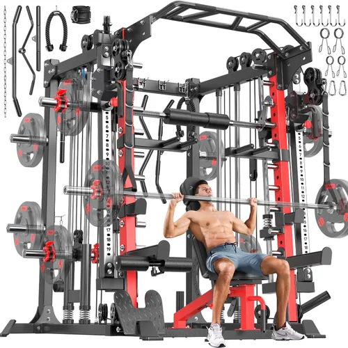 Miniatura 46 de Rack Multiusos para Sentadillas, Conjunto de Rack de Pesas Smith Machine con Sistema de Crossover de Cables, Racks de Potencia para Gimnasio en L04