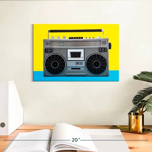 Miniatura 3 de ElephantStock - Retro Silver Boombox Wall Art - Horizontal Canvas Wall Art - Living Room Wall Decor - Photography Music Canvas Art - Yellow And