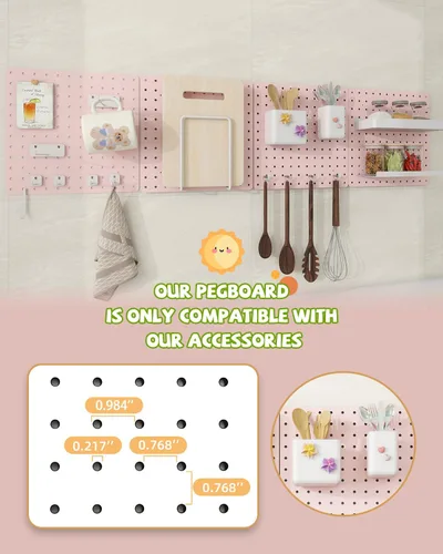 Miniatura 8 de Kit combinado de tablero de clavijas de metal, 4 tableros de clavijas de acero al carbono con 26 accesorios, organizador de pared para el hogar, Rosa