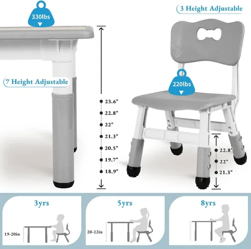 Miniatura 5 de Arlopu Juego de mesa y 6 sillas para niños, escritorio de graffiti ajustable en altura, mesa de manualidades para actividades preescolares, para Gris