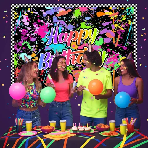 Miniatura 3 de Lofaris Fondo de feliz cumpleaños para fiesta que brilla en la oscuridad, fondo de fotografía de graffiti con salpicaduras de neón, suministros