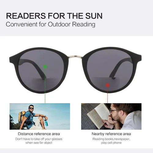 Miniatura 5 de ZENOTTIC Gafas de sol de lectura bifocales, redondas, clásicas, con protección UV, lentes de lectura al aire libre para hombres y mujeres