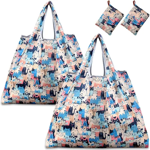 Kingmas - Bolsas reutilizables para alimentos, plegables, ecológicas, aptas para el bolsillo, lavables, impermeables, de nailon, bolsas con asa Gato