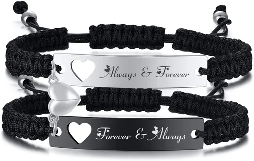 MPRAINBOW Pulsera trenzada personalizada para parejas pulseras grabadas con palabras de promesa con nombre personalizado, pulseras de relación de