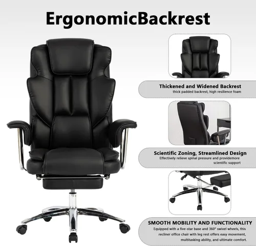 Miniatura 7 de Silla de oficina de piel sintética totalmente reclinable y cómoda silla de oficina grande y alta, 500 libras con reposapiés, ruedas y brazos Negro