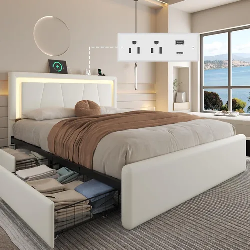 Miniatura 12 de LoVinson Base de cama tamaño completo con 4 cajones de almacenamiento, camas de plataforma de metal con cabecera ajustable, estación de carga Negro