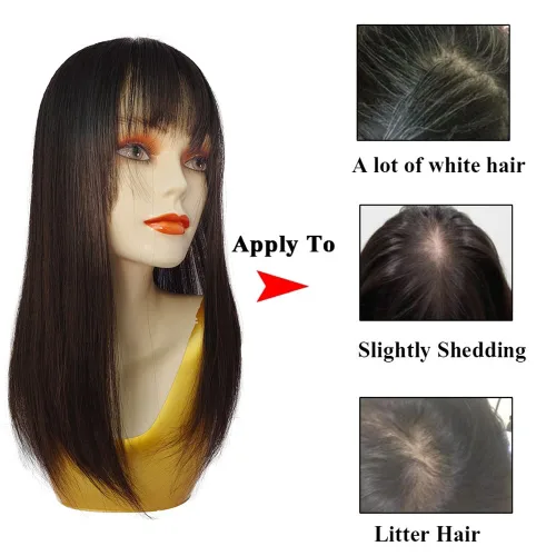 Miniatura 3 de 150 % de densidad, base de seda, cabello humano virgen, 4.7 x 5.1 in, clip en el cabello, tupé europeo de la misma longitud con flequillo de 5 x 5