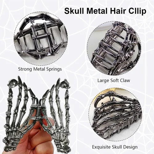 Miniatura 4 de Pinzas para el cabello de Halloween, pinzas de metal con diseño de calavera, pinzas de mano de aleación negra, pinzas de pelo medianas con diseño