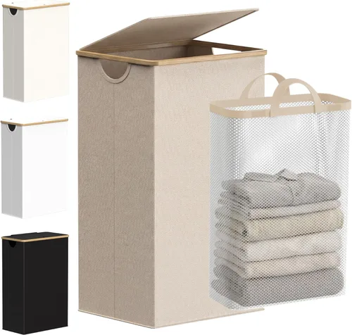 Miniatura 15 de efluky Cesta de lavandería con tapa y bolsa extraíble, cesta de lavandería de 100 litros de alto con asas de bambú, papelera estética para ropa Gris