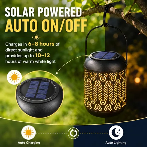 Miniatura 3 de LeiDrail Farol solar colgante al aire libre, faroles decorativos de metal, luz LED blanca cálida, impermeable, iluminación de paisaje para mesa