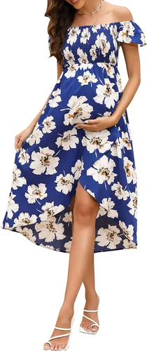 KOJOOIN Vestido de maternidad para baby shower, sesión de fotos, verano, fruncido, hombros descubiertos, manga corta, vestido de embarazo