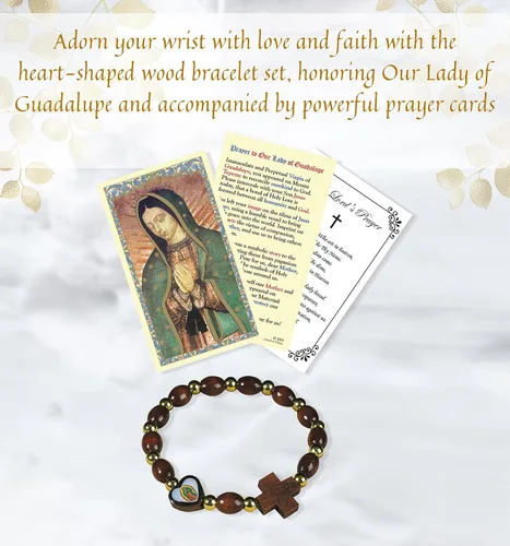 Miniatura 2 de Pulsera Virgen María - con tarjeta de oración de Nuestra Señora de Guadalupe, Oración del Señor Pulsera de madera de corazón Nuestra Señora