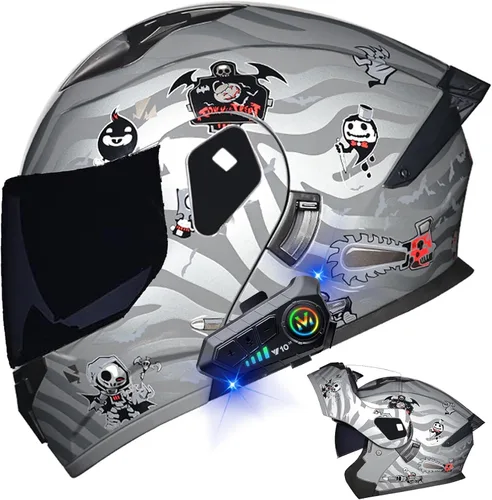 Miniatura 13 de Casco modular Bluetooth para motocicleta, aprobado por DOT, de cara completa, abatible, antivaho, doble visera, casco de motocicleta de calle, LENTE