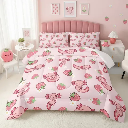 Miniatura 30 de QOOMO Juego de edredón de 3 piezas con diseño de mariposa de dibujos animados, tamaño individual, bonito juego de ropa de cama con lazo