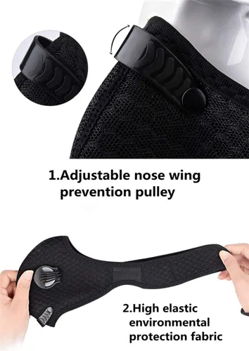 Miniatura 2 de Máscara deportiva de ciclismo a prueba de polvo con 2 filtros de carbono para el viento, esquí, entrenamiento, correr, motocicleta, negro, azul