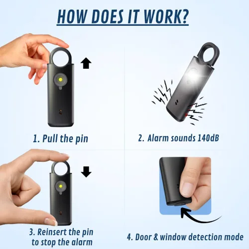 Miniatura 6 de VOLTEK Alarma personal de metal para mujer (negro) – Llavero de alarma de seguridad de autodefensa de 140 dB, alarma de emergencia recargable USB-C