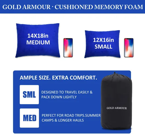 Miniatura 3 de Gold Armour Almohada de camping – Almohada de viaje y mochilero para dormir y viajar – Almohada de viaje de espuma viscoelástica comprimible – Azul
